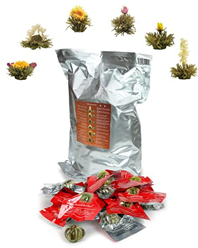 Creano 36 Fleurs de Thé en vrac – Thé blanc 6 variétés de roses de thé – Pour amateurs et restaurants – Grand format dégustation prolongée – Thé en Fleurs