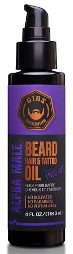 GIBS Grooming - Alpha Male Beard, Hair & Tattoo Oil (4 fl oz) - Softens, Strengthens, Protects - Skin Moisturizer - Vitamin C - UV Shield - BFD Size - Beard Oil, Hair Care, Skin Care - Made in USA