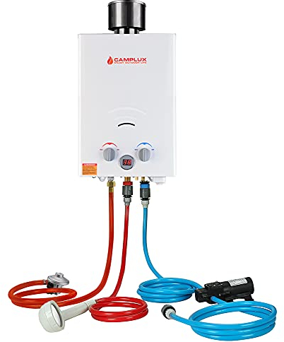 Camplux Instant Gas Water Heater with Water Pump Pack, 6 litres, White