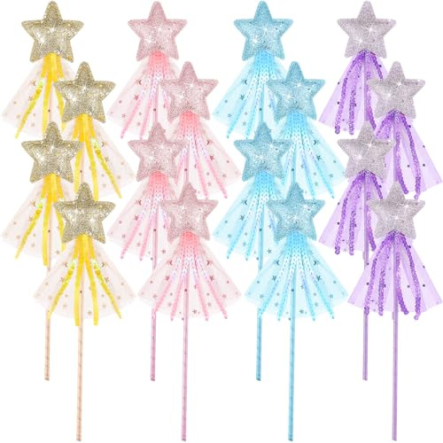 Skylety 8 Pcs Fairy Wands Star Glitter Princess Wands for Girls Kids Princess Party Favors Angel Sticks with Ribbon Costume Props for Birthday Wedding Cosplay
