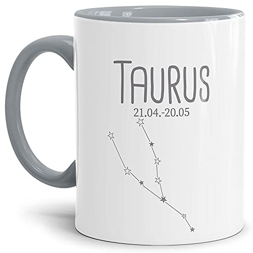 Sternzeichen Tasse Stier - Sternbild Kaffeetasse mit Spruch - Geschenk zum Geburtstag, Horoskop, Astronomie, Tierkreiszeichen - Keramik Innen & Henkel Grau, 300 ml I Stier