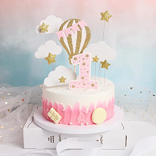 12Pcs Happy Birthday Cake Topper 1st Baby Shower Cake Toppers Glitter Hot Air Balloon Star Cloud Cupcake Toppers First Birthday Cake Decorations (Pink)