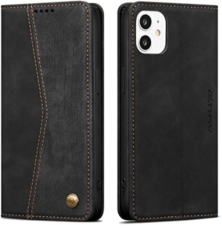 QLTYPRI Hülle für iPhone 12/iPhone 12 Pro, Vintage Dünne Handyhülle mit Kartenfach Slot Ständer PU Ledertasche Klapphülle TPU Bumper Flip Schutzhülle Kompatibel mit iPhone 12/12 Pro - Schwarze