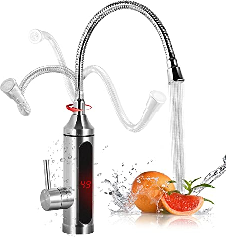 Elektrischer Wasserhahn, 360° Drehbarer Durchlauferhitzer Wasserhahn, 3000W Schnell Erhitzen Wasserhahn mit LED Temperaturanzeige für Badezimmer Waschbecken Kleine Küche (Tippe D)
