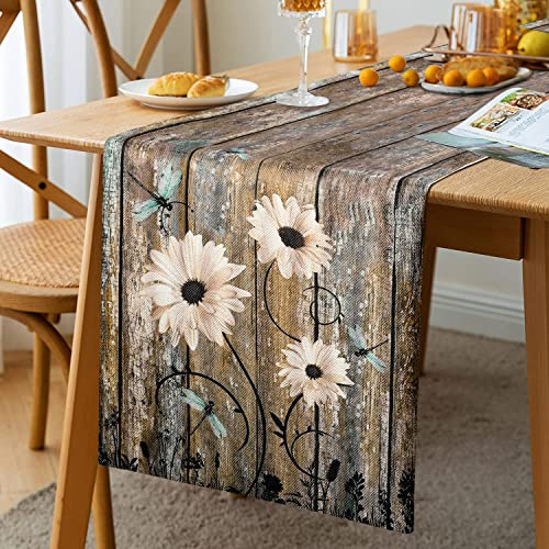 Tischläufer Frühling Grau Tischläufer Modern Tischläufer Grüne Blume Vintage-Holzstruktur Tischläufer Küche Esstisch Dekor Dekoration für Drinnen und Draußen Party Wohnzimmer 33 x 183 cm Tischläufer