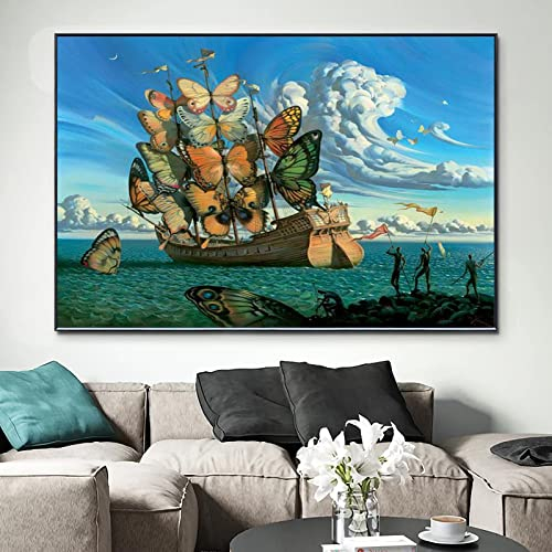 ZHMANLUCK Salvador Dali Schiff mit Schmetterling Insekt HD-Druck Leinwand Gemälde Poster und Drucke gerahmt Wandkunst Bild für Wohnzimmer 80 x 125 cm (32 x 49 Zoll) mit Rahmen