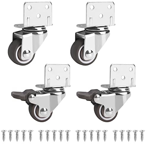 Set di 4 Rotelle per Mobile, 25 mm Ruote Girevoli con Piastra di Montaggio a L, Ruote in Gomma Pesanti con Cuscinetti per culle e mobili, supporto per fiori, Carico Massimo 44kg (2 standard+2 freni)