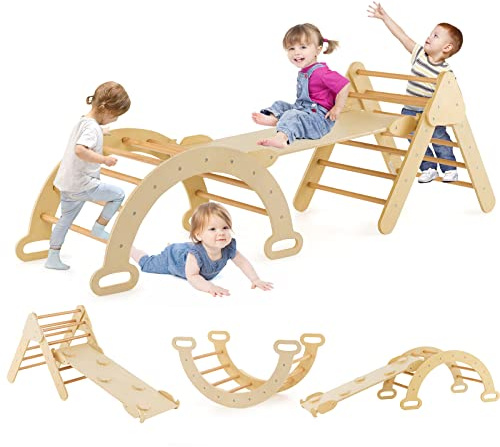HONEY JOY 5 in 1 Wooden Climbing Toys for Toddlers, Triangle Climber with Ramp for Sliding or Climbing, Indoor Beech Montessori Triangle Climbing Arch Set for Daycare, Gym & Playground, Natural
