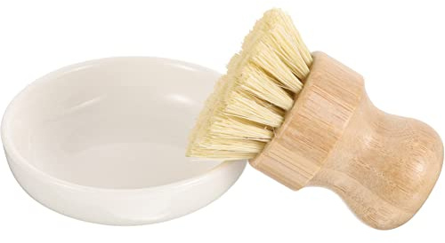 Veemoon Scrub with Ceramics Holder Kitchen Wooden Cleaning Scrubbers Set Palm Pot Dish Brush for Bathroom Sink Washing Cast Iron Pan | Scrub with Ceramics Holder Kitchen Wooden Cleaning Scrubbers Set Palm Pot Dish Brush for Bathroom Sink Washing Cast Iron Pan