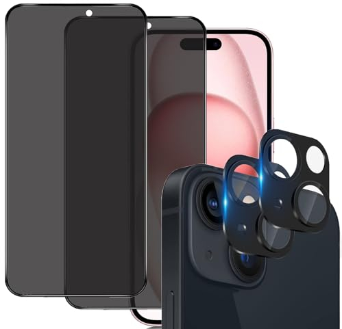 IBETEK 2 Stück Schutzfolie für iPhone 15 Sichtschutz Panzerglasfolie Anti-Spy mit 2 Stück Kamera Schutzfolie,Dunkel Folie Blickschutzfolie Displayschutzfolie