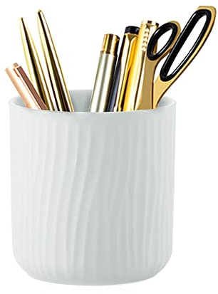 TANZOIJI Pot à crayons rond en céramique pour bureau - Joli pot à crayons - Organisateur de bureau pour filles et enfants - Porte-pinceaux de maquillage - Blanc