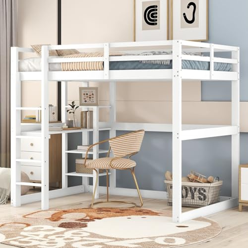 KOMHTOM 140x200cm Lit d'enfant Mezzanine avec Bureau, Lit Surélevé avec Rangement sous Le lit et Sommier à Lattes en Bois(sans Matelas) (Blanc)