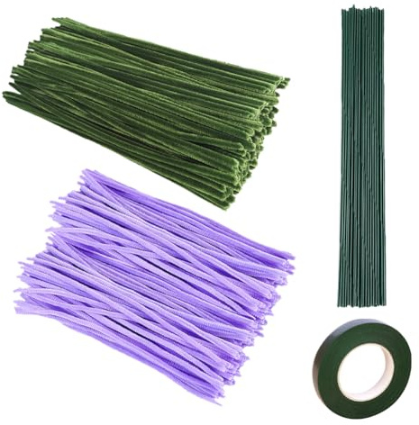 JIHUOO 200 pezzi di scovolini per fiori in ciniglia, steli per tubi, kit per lavori artigianali, steli attorcigliabili, bastoncini sfocati con fili floreali e nastro verde, viola