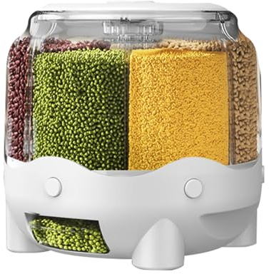 360° Rotating Food Dispenser,Grain And Rice Storage Container,6-Grid Rotating Rice Dispenser Kitchen Dry Food Storage Containers,Good Sealing,for Small Beans,Barley,Millets,White,Medium