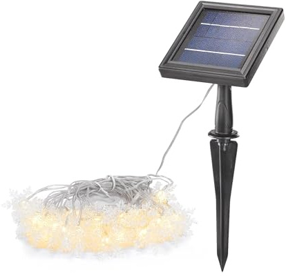 Esotec Solar Lichterkette Outdoor Gartenbeleuchtung 30 Schneeflocken 102577 | Solarkette 30 LED Eiskristalle, 2800K warmweiß, bis 10Std., Dauer-/Blinklicht, 8m Gesamtlänge, LiFePO4 Akku, Winterdeko außen