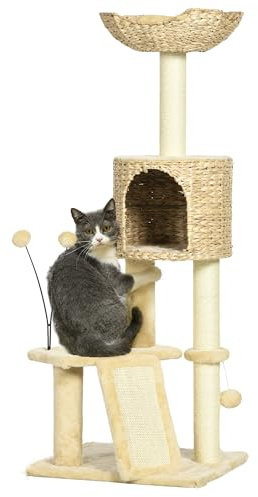 PawHut Katzen Kratzbaum 116 cm Katzenbaum mit Katzenhöhle, Katzenbett, Indoor Kletterturm mit Spielball, Kratzbrett, Plüsch Kratzmöbel für Katzen bis 5 kg, Beige