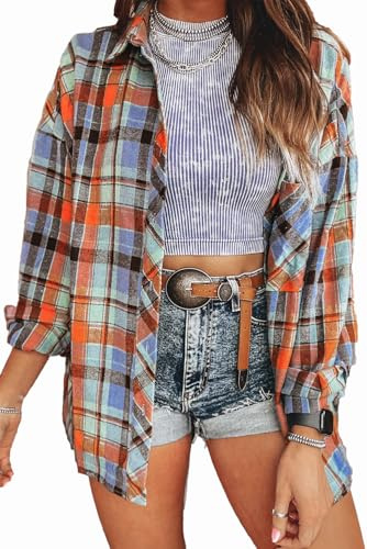 KevaMolly Plaid Long Sleeve Flannel Shirts for Women Loose Fit Boyfriend Button Down Shirt Casual Flannel Blouse Tops Orange L