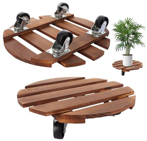 DAJAVE 2 Pack Plant Caddy 30 cm/12 Inch Plant Pot Stand with Wheels Wooden Plants Stand Plants Trolley Heavy Duty Rolling Planter Mover for Indoor Outdoor Planting Pot - with Lockable Casters