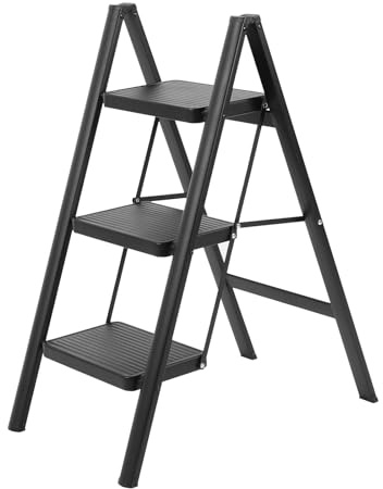 JADDUO Trittleiter 3 Stufen Klappbar Aluminium Leiter Klapptritt mit Breitem Anti-Rutsch-Pedal Klappbarer Trittleiter Stehleiter Maximale Tragbarer Leichter Tritthocker Tragfähigkeit 150KG (Schwarz)