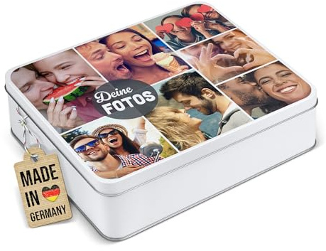 Print Royal PR Geschenkdose zum selbst gestalten mit Collage für 7 Fotos - Blechdose bedrucken, Personalisierte Keksdose - Geschenk zur Hochzeit, Geburtstag, Weihnachten | Rechteckig weiß, 1500 ml