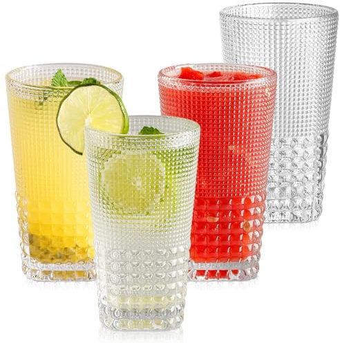 TKNO 4X 424ml Embossed Highball Glasses Tall Hi Ball Glass Water Gin Beer Milk Juice Cocktail Drinking Glassware, Vintage Bubble Beverage Tumblers Set, Ideal for Home, Restaurant, Events & Parties