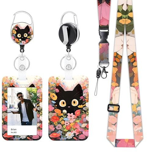 Yistoi Ausweishülle mit Band, Ausziehbarer Schlüsselanhänger Badge Holder, abnehmbarem Lanyard mit ID Kartenhalter Set für Lehrer, Ärzte und Studenten, (Blume und Schwarze Katze)
