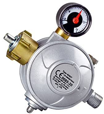 CFH Gasdruckregler Propan Gasflasche 50 mbar zweistufig DR 414 - Druckminderer mit Manometer & Thermo-Sicherheit, Eingang G.12, Ausgang H.4 1/4, für 5 kg & 11 kg Gasflaschen, gemäß EN 16129