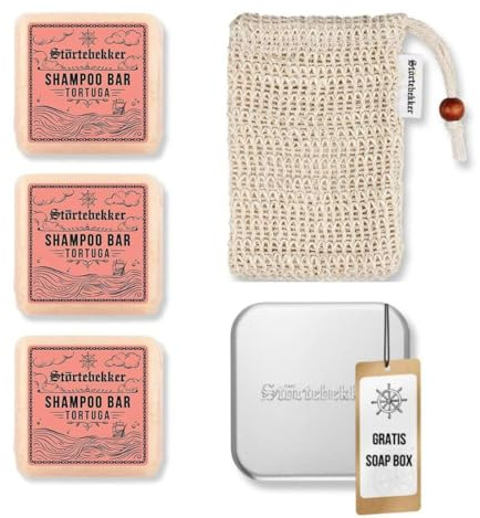 Störtebekker® Premium Duschset - Festes Shampoo Tortuga (x3), Sisalsäckchen + GRATIS Seifendose Aluminium - Shampoo Bar Set für Haare, Kopfhaut & Bart - Handgefertigt in Seifenmanufaktur