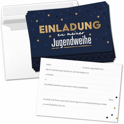 8 Einladungskarten Einladung Jugendweihe mit Umschlag zum selber ausfüllen - Jugendfeier Einladungen Postkarten Umschläge Edel Blau Gold Look