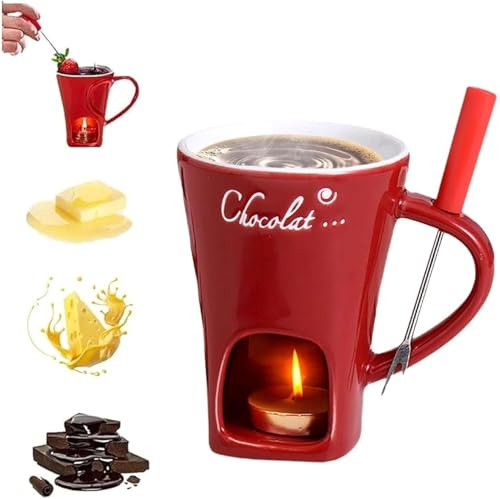 GZWY Schokofondue Tasse, Keramik Schokoladenfondue Tasse, Becher zum Schmelzen von Schokolade, Mehrzweck Chocolate Fondue Set mit Gabel und Teelicht für Käse,Schokolade,Butter und Karamell (A)