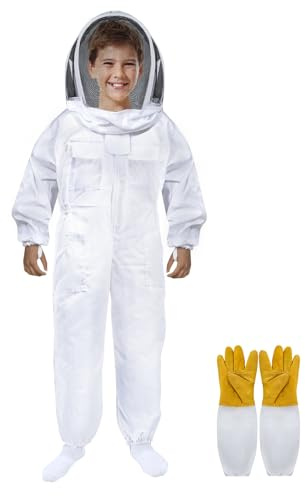 Kids Bee Suits with Fencing Veil Hood and Gloves Beekeeping Beesuit Beekeeper Suit Multi-Size Bee Outfit for Backyard and Bee Keeper (L 3'9-4'3 for Kids)