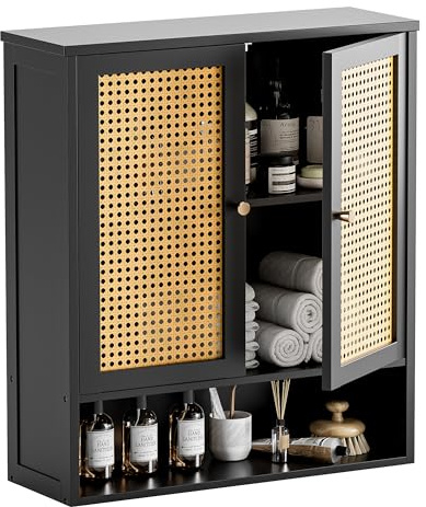 HITNET Badezimmer Wandschrank Bambus, Rattan Badschrank Hängend über der Toilette mit 2 Türen und verstellbaren Regalen, für kleinen Raum, Schwarz