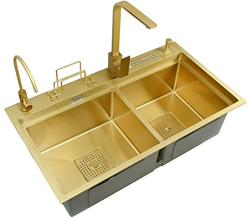 304 Edelstahl Doppelwaschbecken Goldfinish Multifunktional für Bar oder Wohnwagen mit Wasserhahn & Abfluss Drop in oder Unterbau 78 x 46 x 24 cm