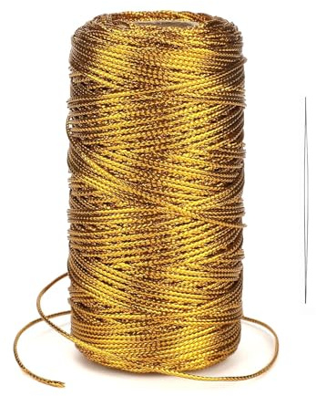 1 Roll Gold Twine String 1.5mm x 100m Decorative Metallic Thread with Beading Needle for DIY Crafts Wedding Decor Gift Wrapping
