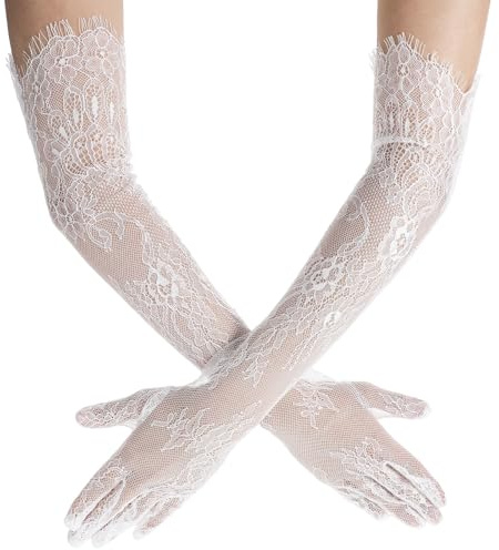 Qulkws 1920s Elbow Length Bridal Wedding Glove Women's Long Lace Floral Gloves Lace Gloves Elegant Floral Mesh Tulle Sheer for Tea Party Wedding Engagement Cocktail Cosplay Masquerade (White)