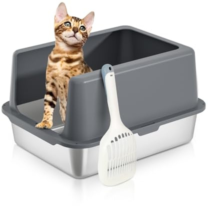 Stainless Steel Cat Litter Tray,Metal Cat Litter Box with Lid,45x35x25cm | Enclosure Cat Litter Pan for Medium size Cats, Non-Sticky Large Kitty Litter Box,Easy to Clean
