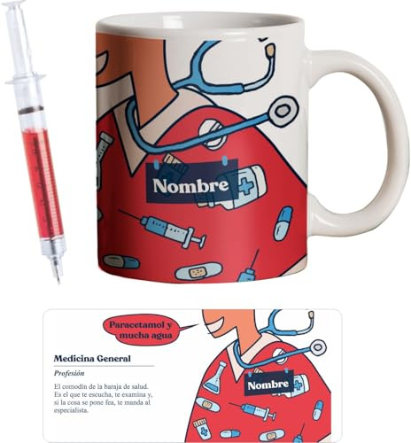 PROMO SHOP - Taza Original Personalizada con Nombre, Pack Regalo con Bolígrafo Jeringuilla (No Personalizado), Tazas de Regalo de Medicina, Tazas Profesiones de Salud, Taza de Desayuno, Diseño Único