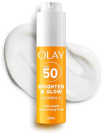 Olay Brighten & Glow 3 en 1 Fluide Hydratant SPF50+ à la Vitamine C. Crème et Base Hydratante à la Niacinamide. Hydrate, Donne de l’éclat, Protège des UV et Aide à Corriger les Taches Brunes. 50ml