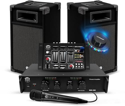 Kit Complet Sono 300W Bm Sonic BMS-DJ300 Initiation DJ Enceintes Ampli Table de Mixage Bluetooth USB, Micro, Lumières LED,Câbles