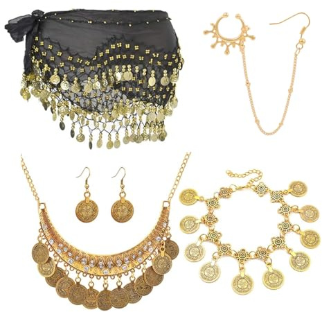XHBTS Multi-Row Coins Belly Dance Wrap & Hip Scarf, Nose Rings Hoop Chain Bracelet Earrings Necklace Sequins Head Chain Festival Halloween Prom Costume Hair Accessories Headbands Headpieces