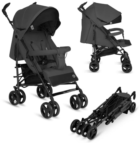 LIONELO Irma Lätt Barnvagn 6–36 Mån, Resevagn (7 kg) – Hopfällbar med en Hand, 360° Svängbara Hjul, Plant Liggläge & Justerbart Fotstöd, XXL Solskydd, Myggnät, 5-Punktssele, Stor Varukorg, Antracitgrå