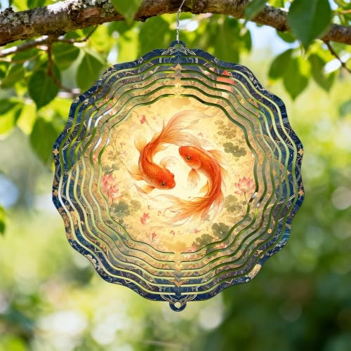 Molinillo de viento de peces, naturaleza asiática, lirio de agua, floral, verano, naranja, metal, 3D, esculturas de viento, adornos para jardín, porche, balcón, pasillos, decoración de 12 pulgadas