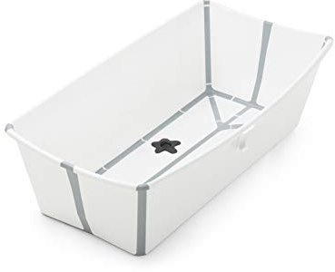 Stokke Flexi Bath - Bañera de bebé portátil extragrande con enchufe sensible al calor, color blanco y gris