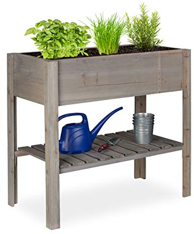 Relaxdays Hochbeet Holz, Ablagefach, Pflanzkasten Balkon, Terrasse, Garten, Kräuterbeet, HBT 80 x 88 x 43,5 cm, grau