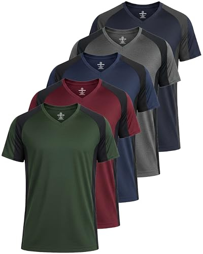Real Essentials 5 Pack: Men’s V-Neck Dry-Fit Moisture Wicking Active Athletic Tech Performance T-Shirt Set 7, L, Pack of 5