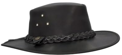 WALKER AND HAWKES - Premium Brown Full Grain Cowhide Leather Outback Braided Traveller Hat for Men and Women - Black - Small (57cm)