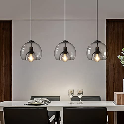 Lámpara de Techo Colgante Vidrio, E27 3 Luces Lámpara Colgante Mesa de Comedor Vintage, Pantalla de Vidrio Negro Transparente, Altura Ajustable, Iluminación Colgante para Cocina Dormitorio Cafetería