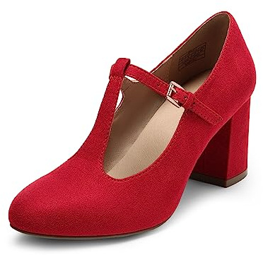DREAM PAIRS Mary Jane-pumps med T-remmar, bröllopsskor för kvinnor, röd, 37 EU