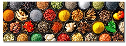 Leinwandbild Spices | Bild auf Leinwand mit Gewürzen | Querformat | Motiv mit Paprika Curry Knoblauch Salz Zimt Pfeffer Mandel | Wanddeko Home Kunstdruck | Küche Esszimmer Wohnzimmer | 50 x 150 cm