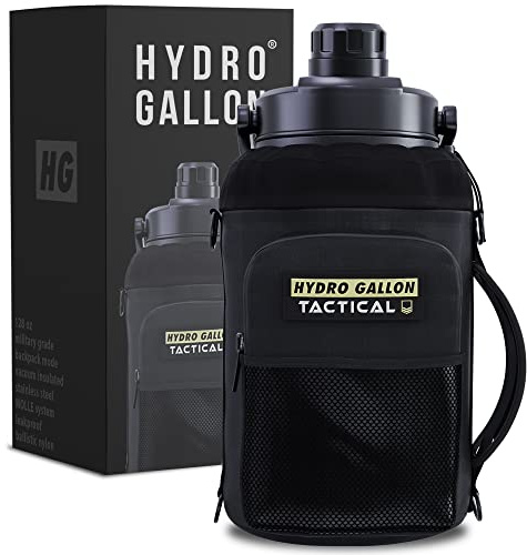 Hydro Gallon® Tactical Isolierter 3,5 Liter Wasserflaschen-Krug, Militärqualität, großer Edelstahl-Vakuum-Metall-Thermos-Pflanzgefäß, breite Öffnung, Schultergurt, MOLLE, Taschen, Griff, 3,6 l